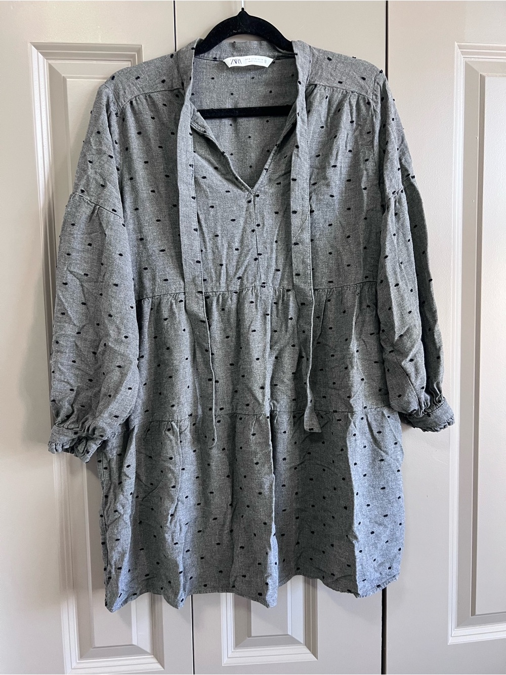 Zara Grey Polka Dot Tiered Mini Dress – Long Sleeve, Ruffle Detail